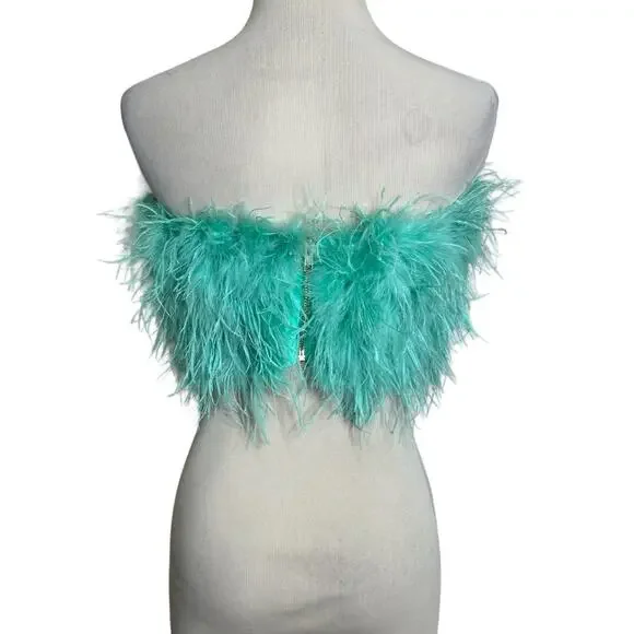 Club L London aqua green feather bandeau crop top size 4 - Picture 2 of 16